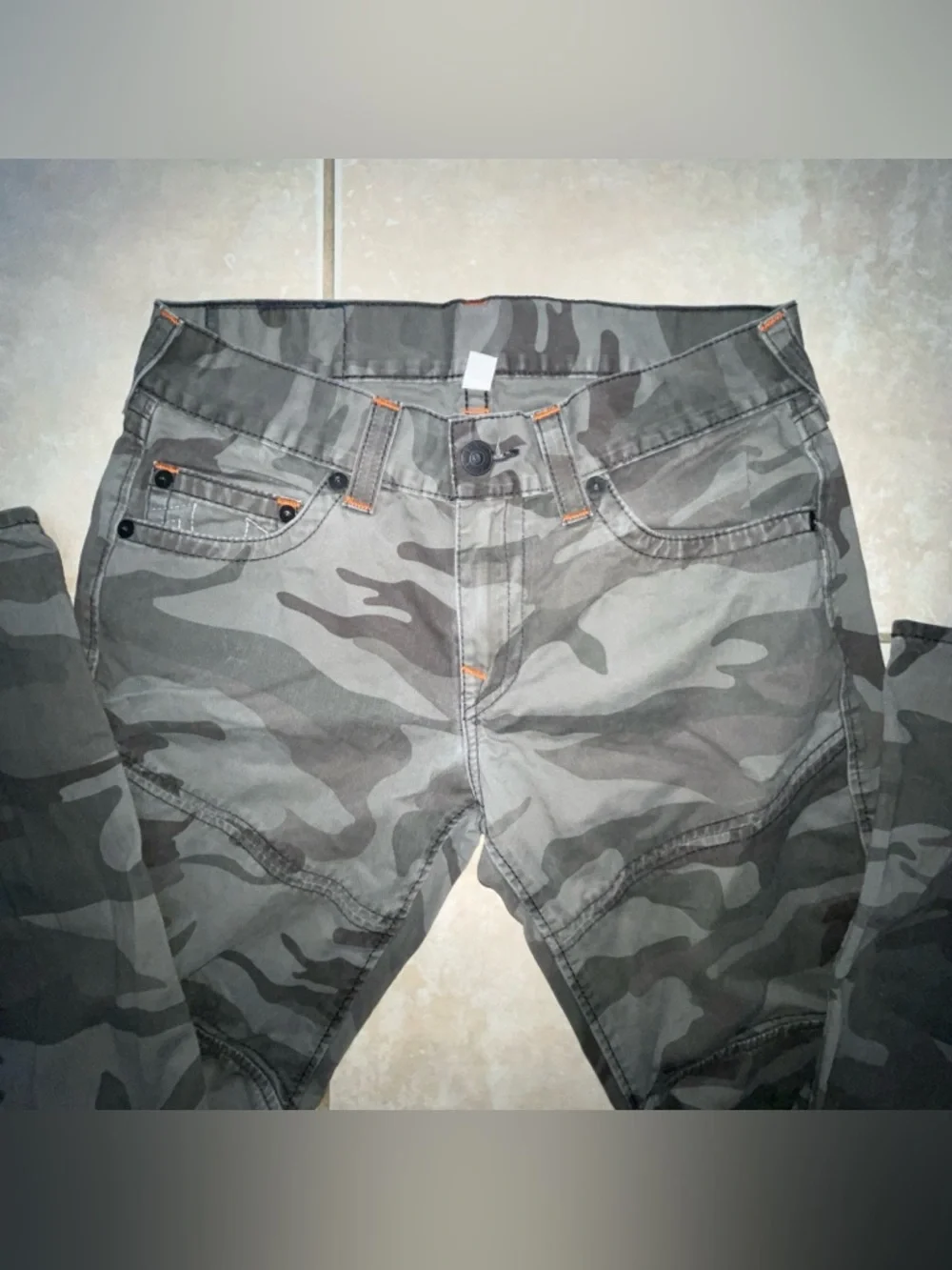 Men's True Religion Moto Skinny Fog Black T Orange Stitch Camo Jeans Pants 32